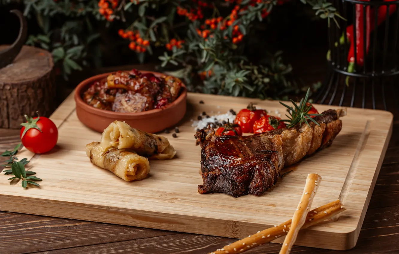 Photo wallpaper bread, meat, tomatoes, tomatoes, dish, steak