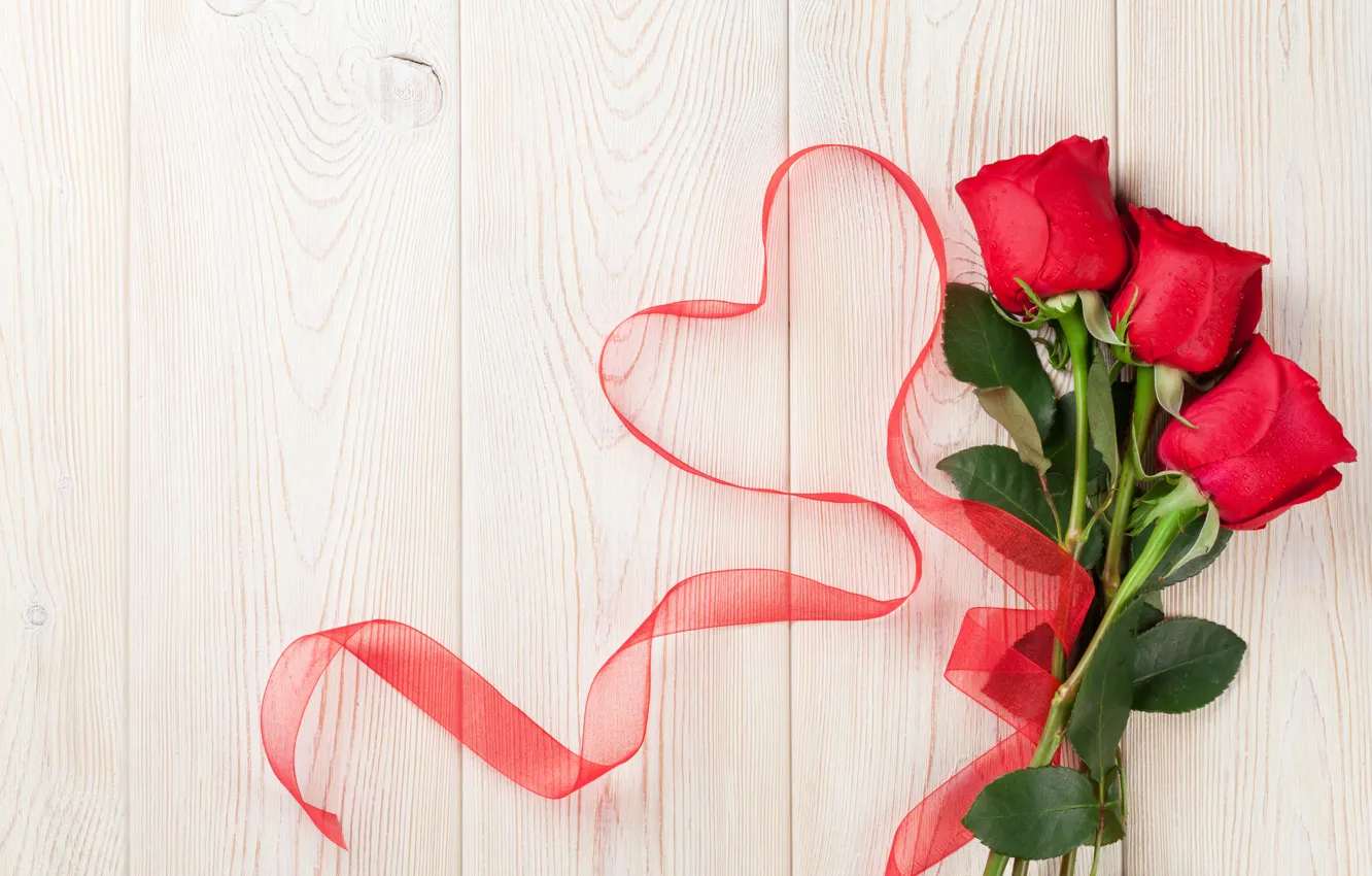 Photo wallpaper love, flowers, heart, roses, red, love, heart, wood