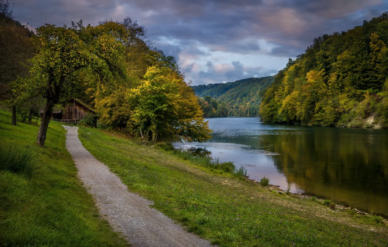 Photo wallpaper landscape, nature, river, Switzerland, house, path, forest, Bank