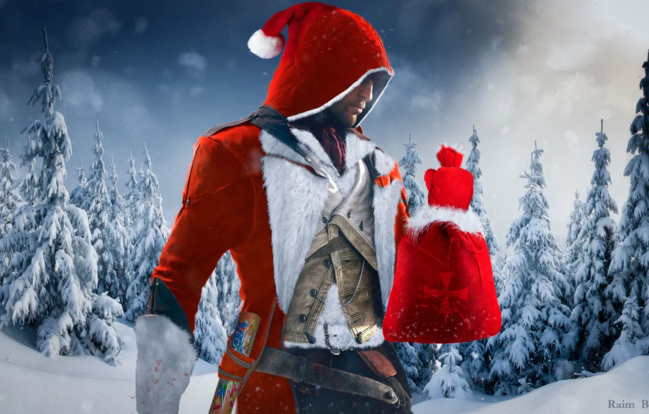 Photo wallpaper Look, Snow, Light, New year, Hood, Santa Claus, Ubisoft, Assassin's Creed