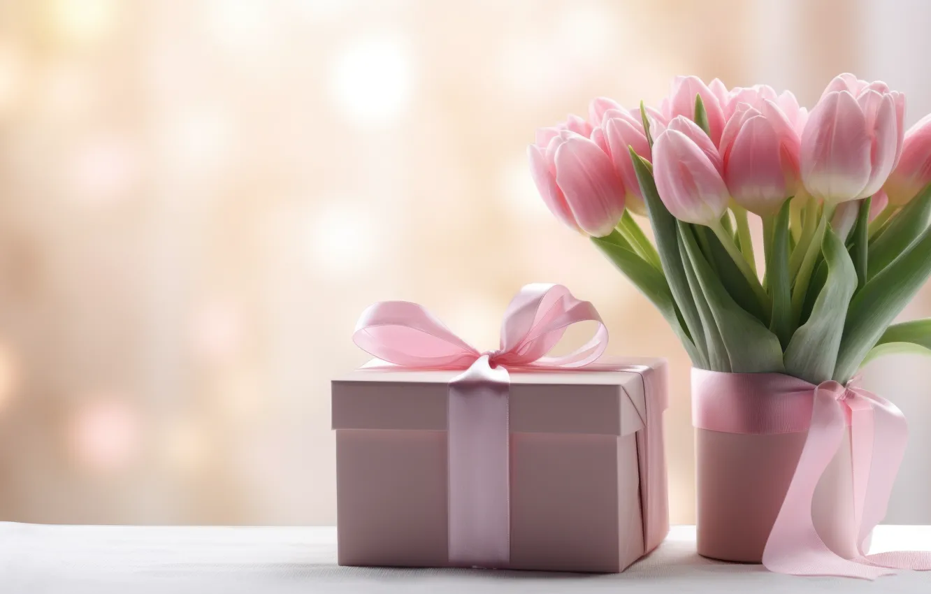 Photo wallpaper flowers, birthday, box, gift, bouquet, spring, Easter, tulips