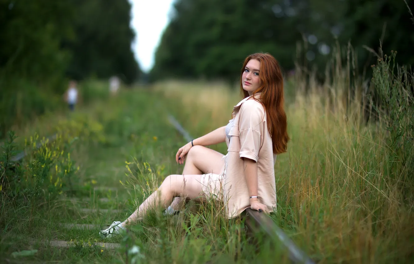 Photo wallpaper girl, rails, sitting, bokeh, barbarian