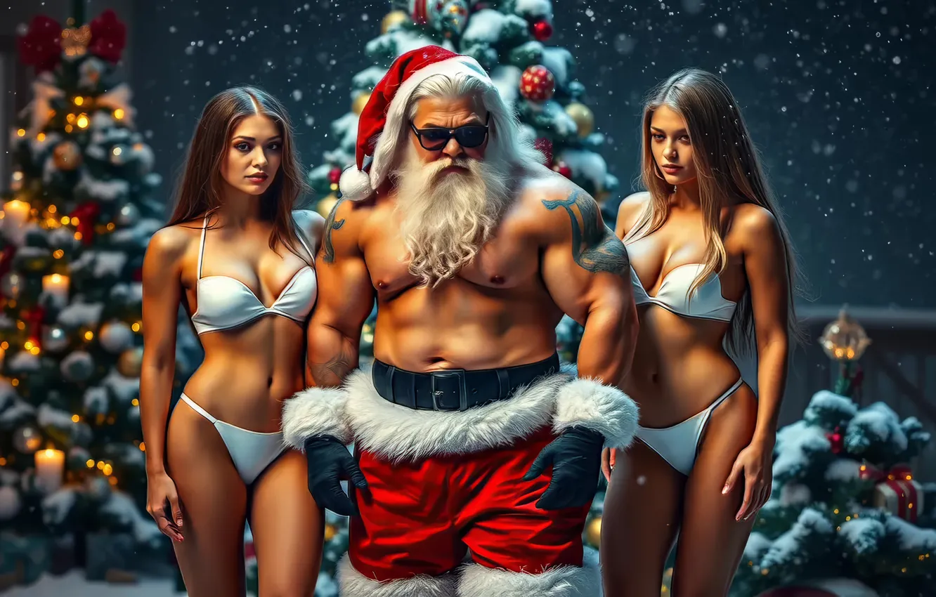 Photo wallpaper winter, girl, new year, bikini, Santa Claus, the image is generated by AI