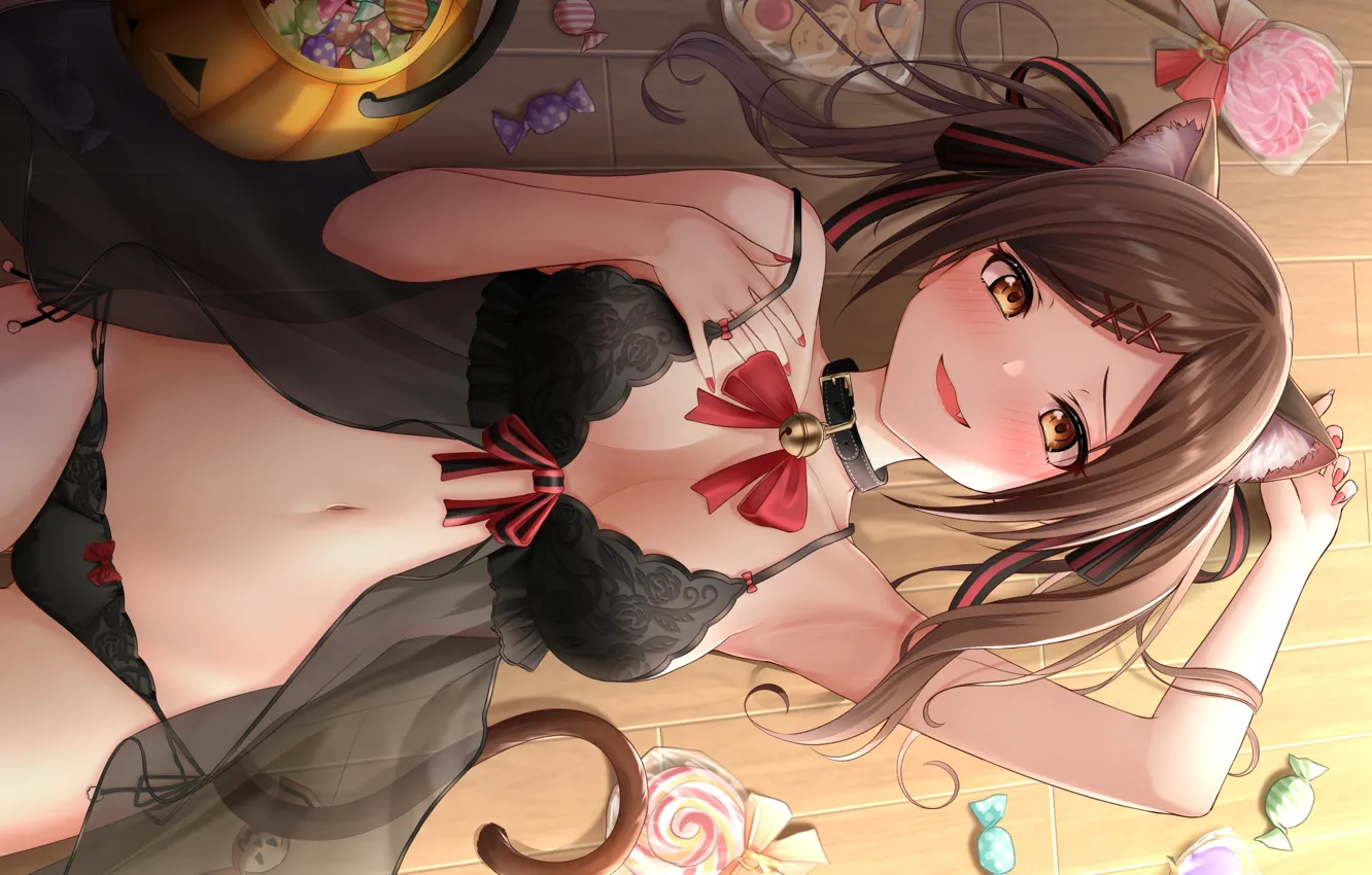 Photo wallpaper girl, sexy, lingerie, cleavage, panties, long hair, brown hair, boobs