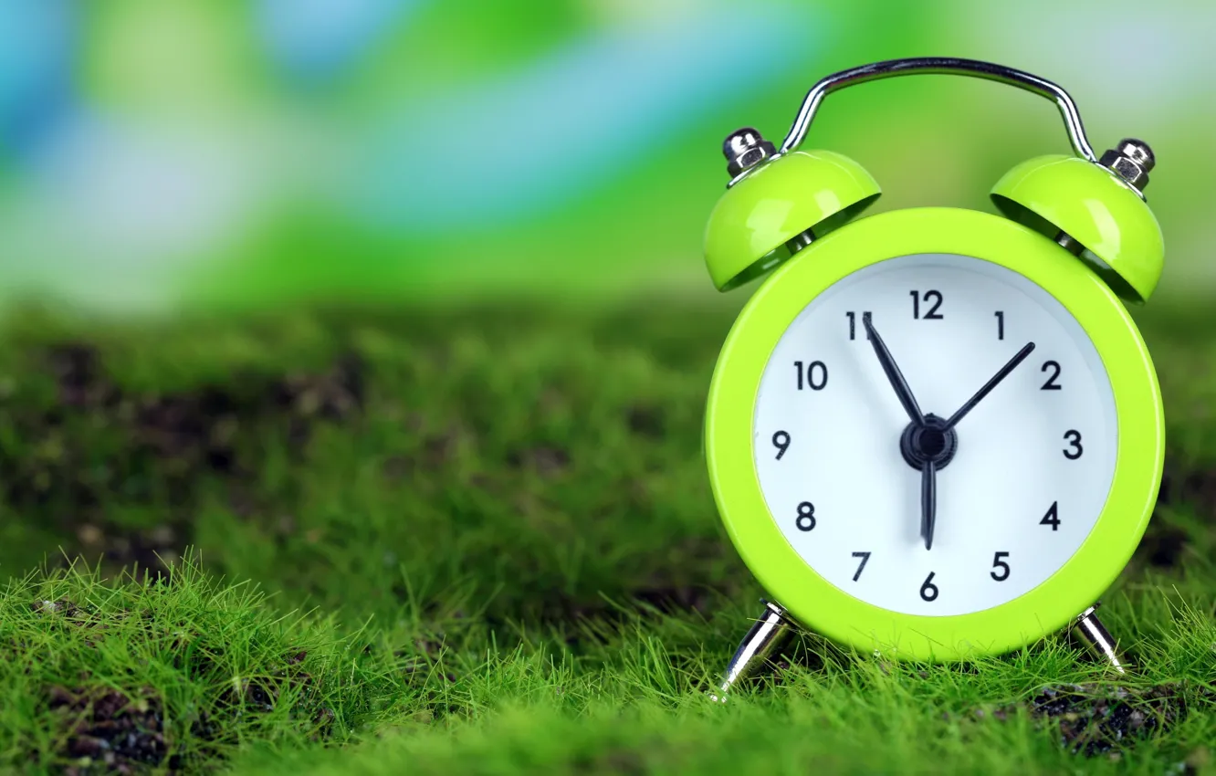 Photo wallpaper grass, time, watch, morning, alarm clock