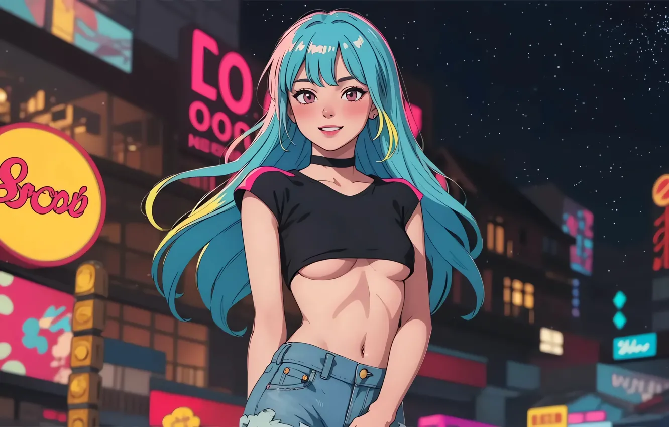 Photo wallpaper city, long hair, night, city lights, signs, digital art, artwork, smiling