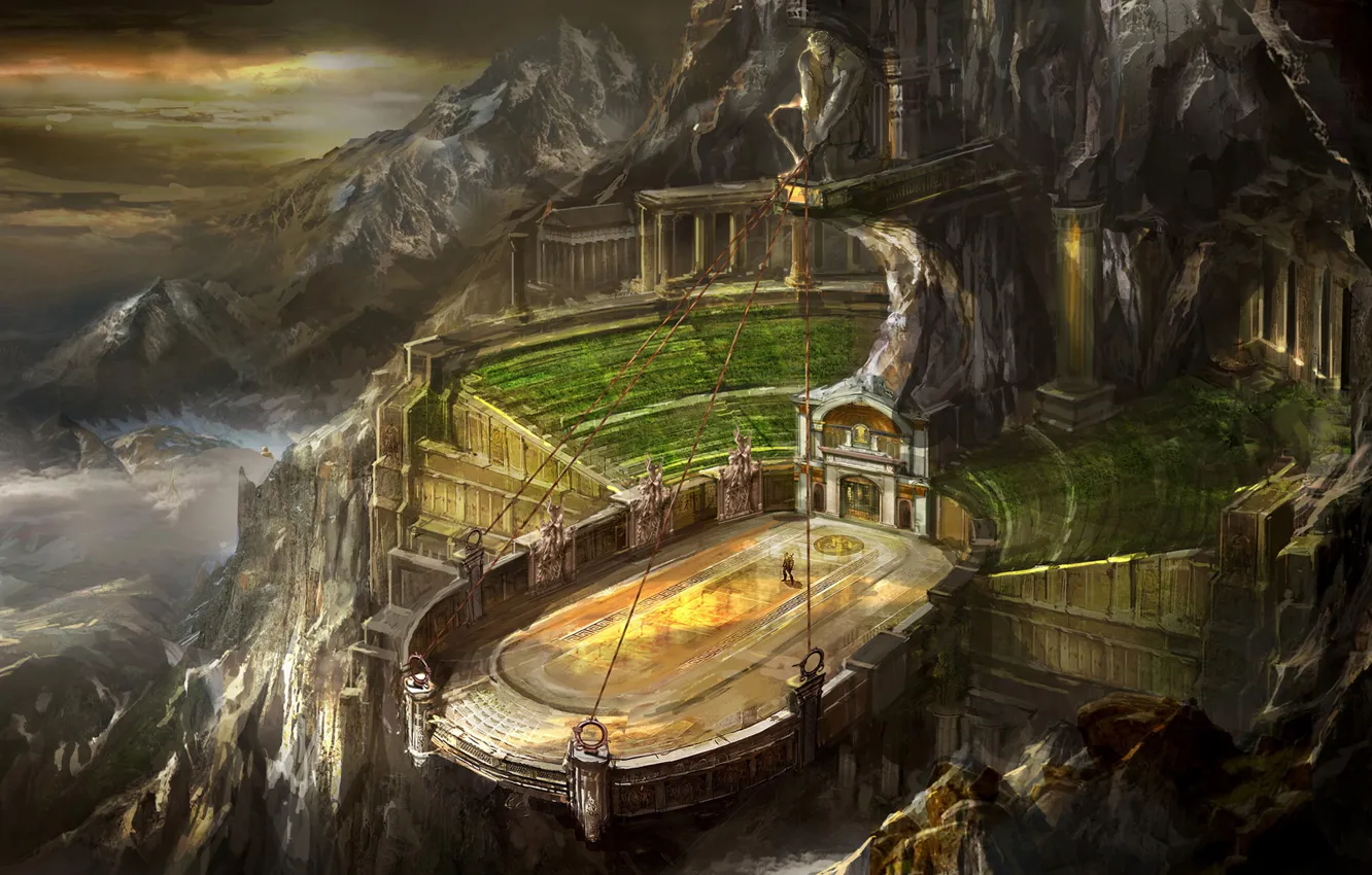 Photo wallpaper mountains, the city, rocks, people, height, rope, sculpture