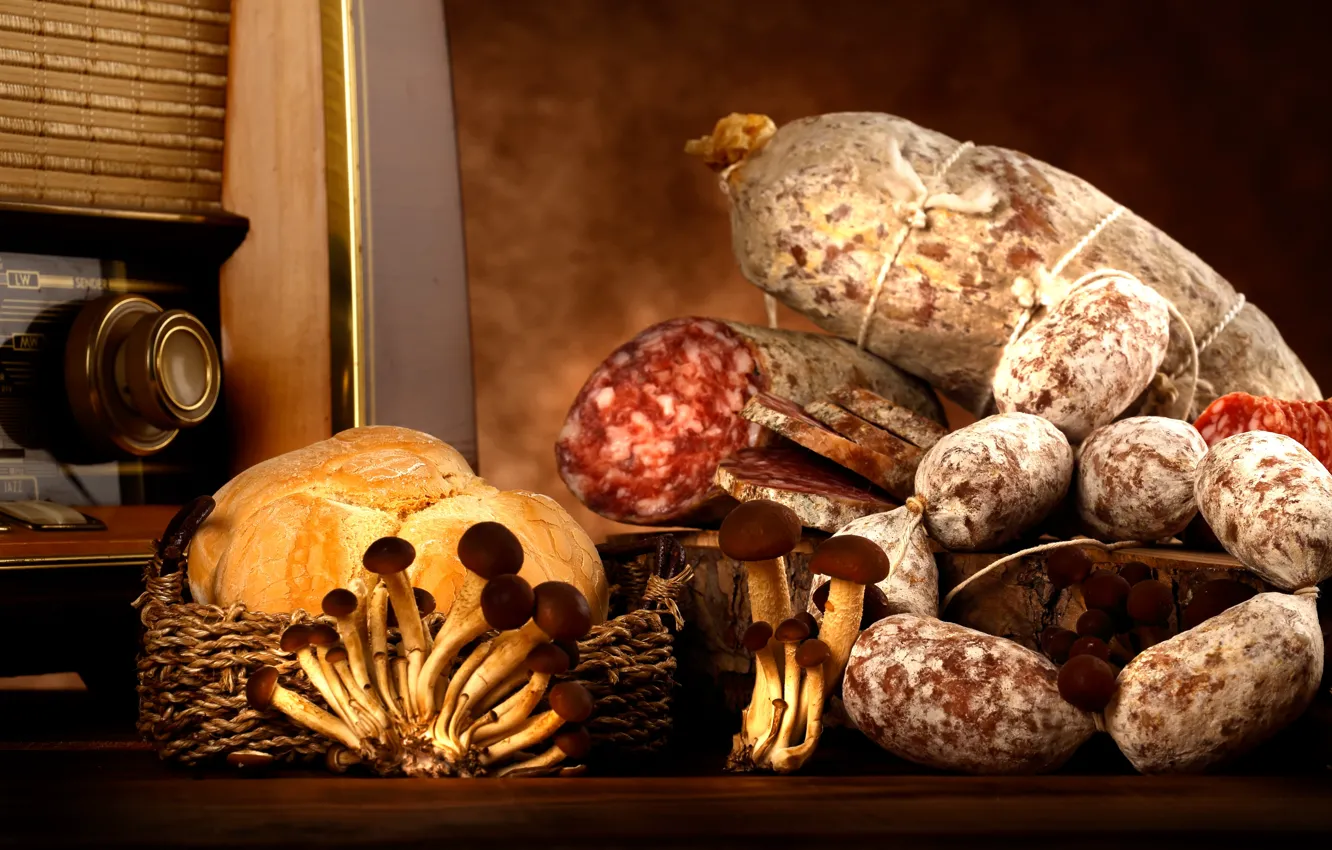 Photo wallpaper mushrooms, cheese, sausage