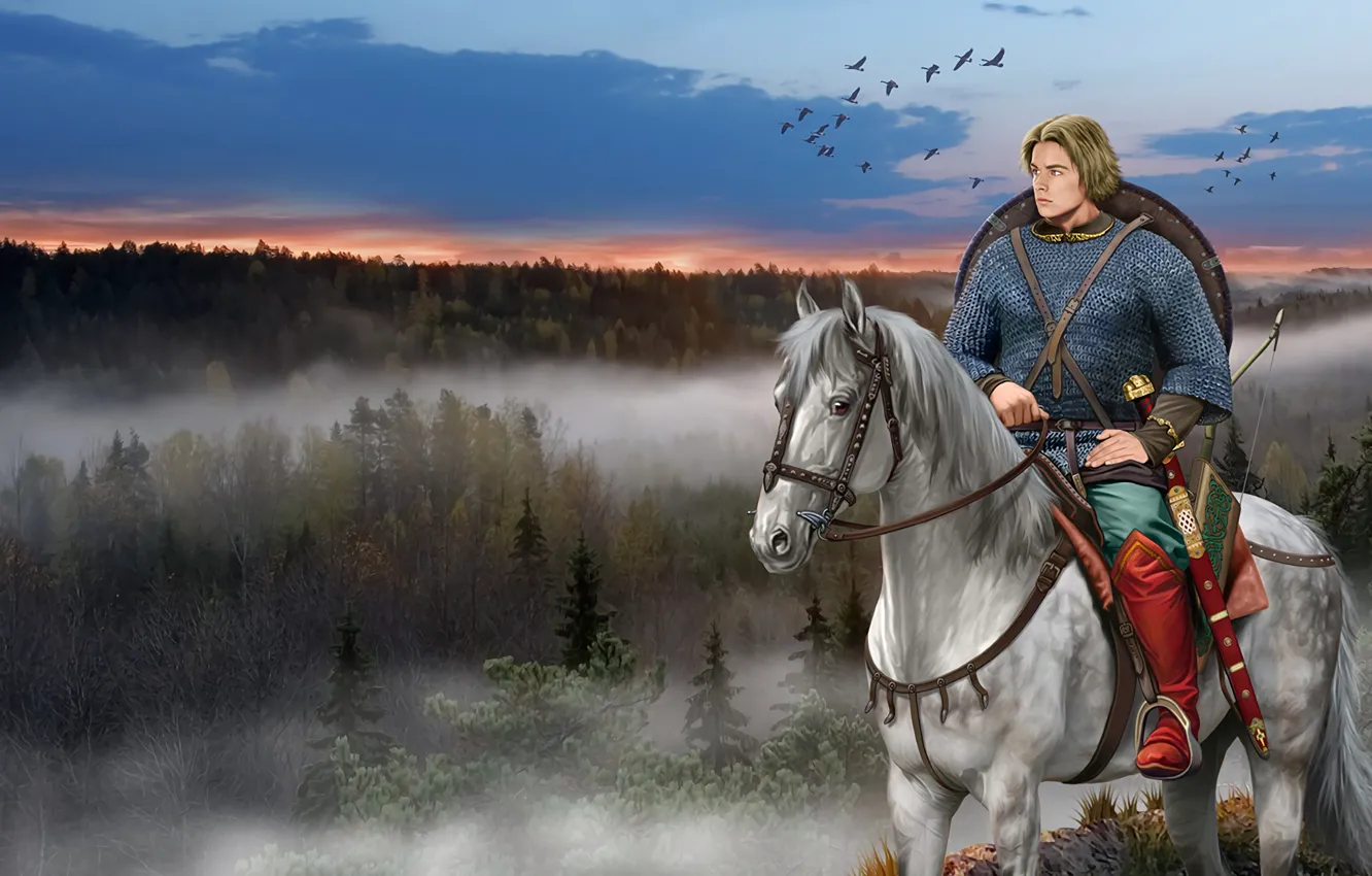 Photo wallpaper Horse, Forest, Sword, Mail, Shield, Ancient Rus, Slavic Warrior