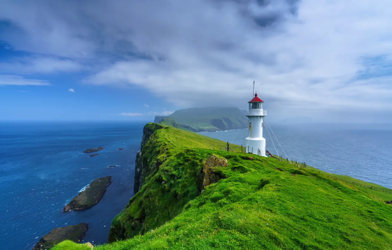 Photo wallpaper Islands, the ocean, lighthouse, Faroe Islands, Mykines, Holmur Lighthouse