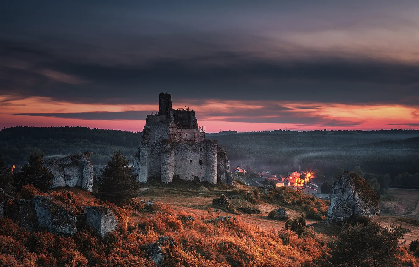 Photo wallpaper landscape, clouds, nature, castle, Poland, the ruins, ruins, Mirow Castle