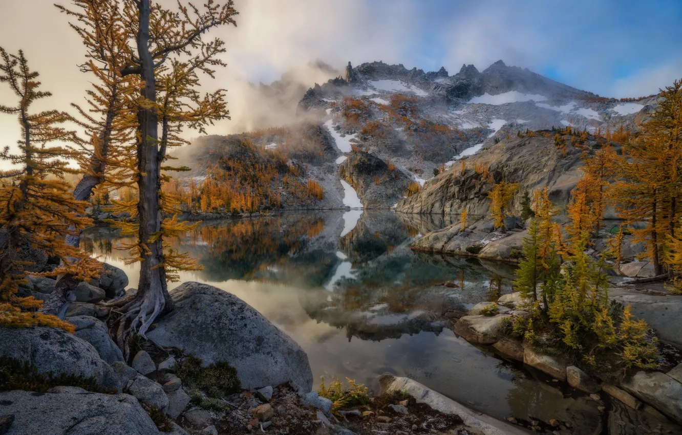 Photo wallpaper autumn, trees, stones, rocks, shore, pond