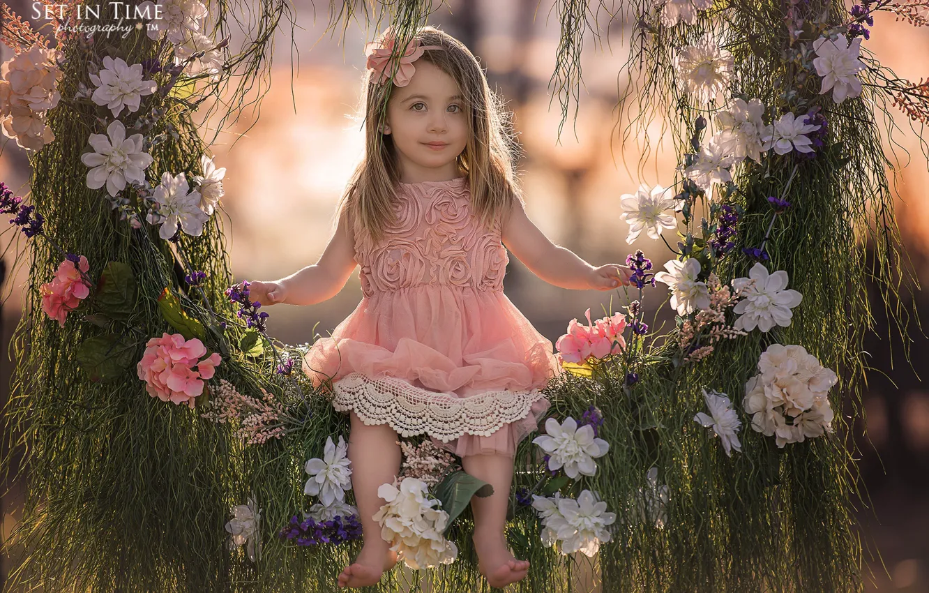 Photo wallpaper grass, flowers, nature, swing, girl, child