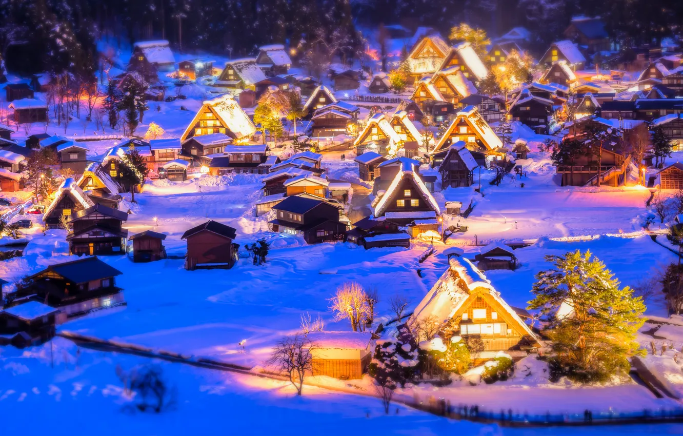 Photo wallpaper winter, snow, lights, New Year, Christmas, illumination, Christmas village