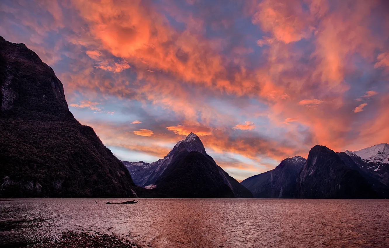 Photo wallpaper the sky, water, clouds, trees, sunset, mountains, nature, lake