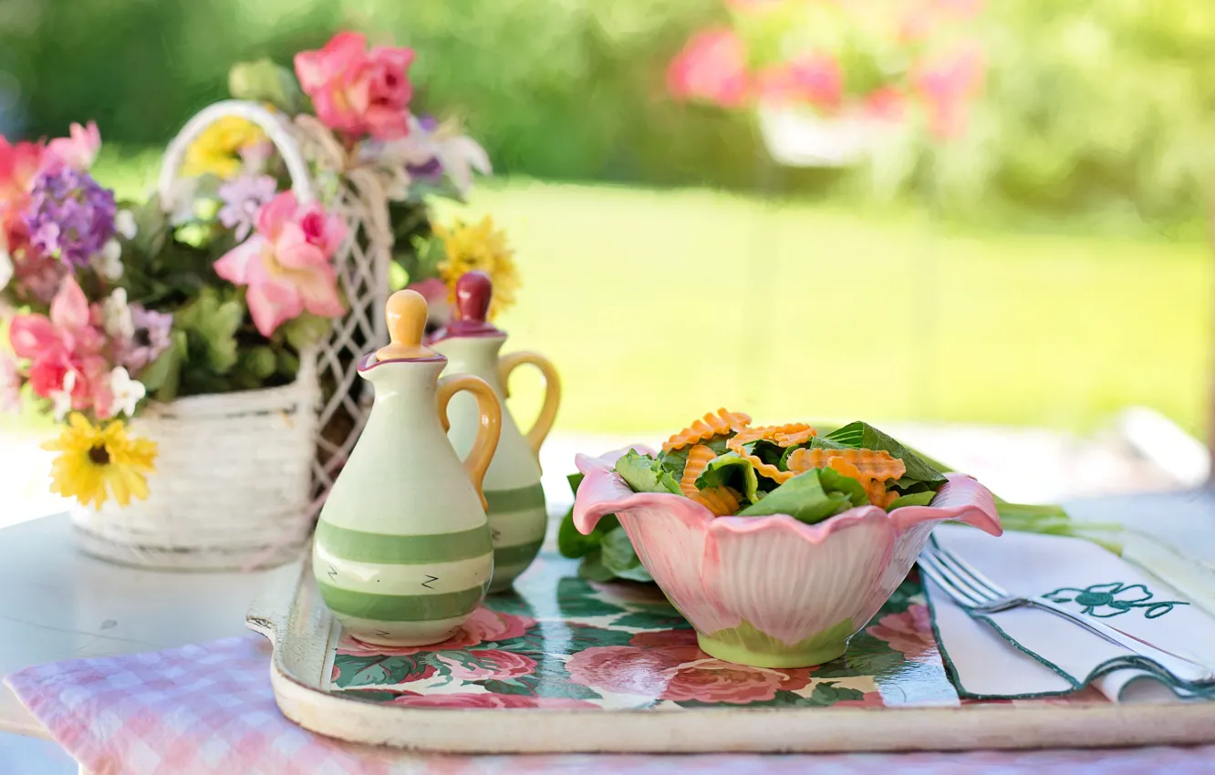 Photo wallpaper summer, flowers, table, food, vase, bowl, plug, napkin