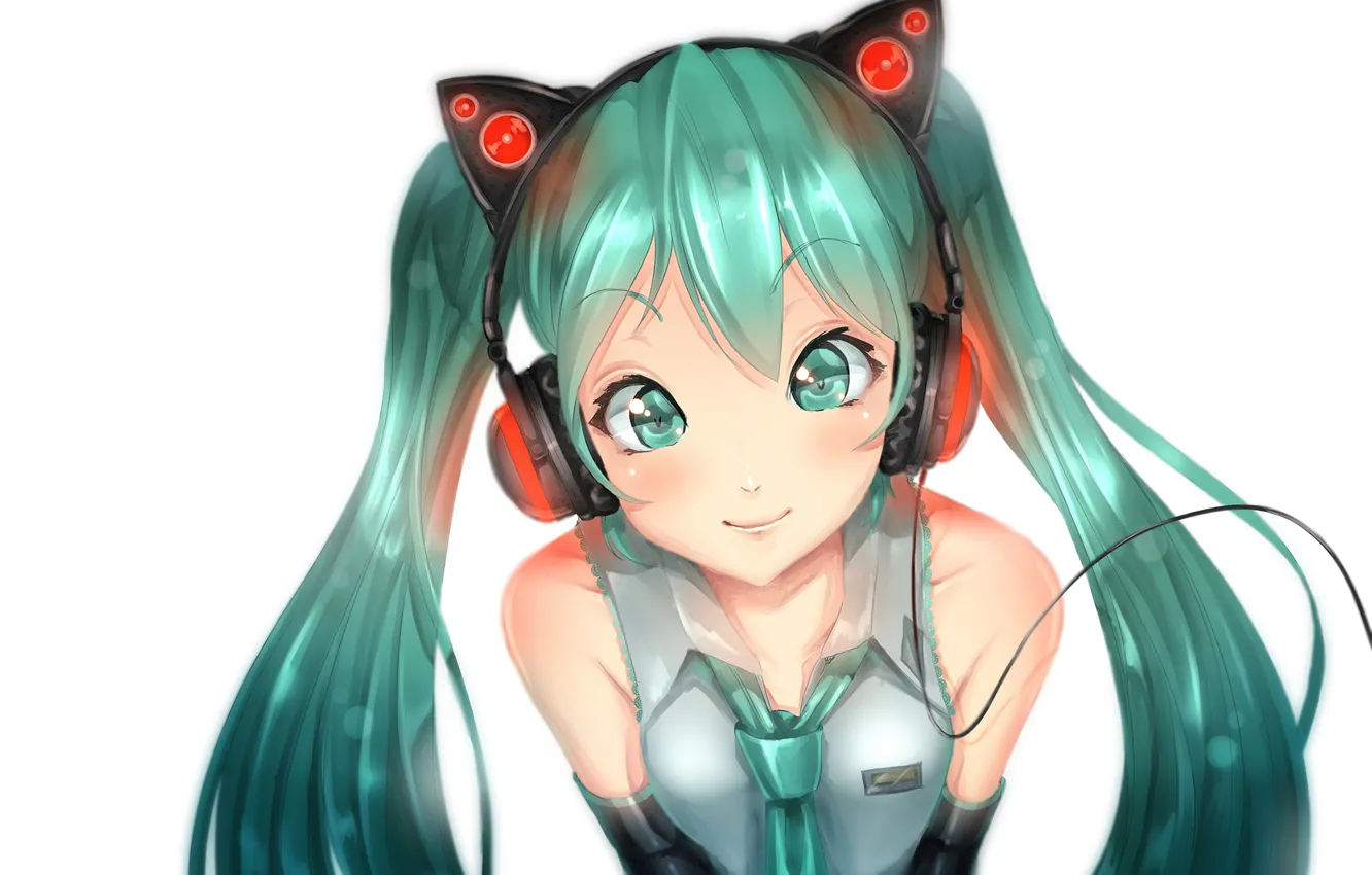 Photo wallpaper girl, smile, anime, headphones, art, tie, wire, vocaloid