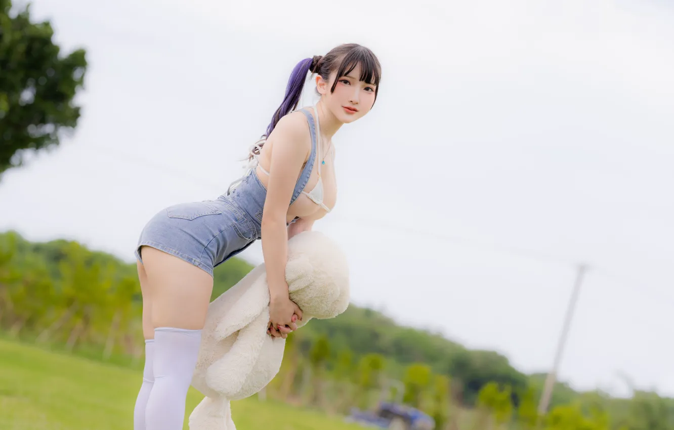 Photo wallpaper ass, stockings, model, women, Denim, asian, bikini top, overalls