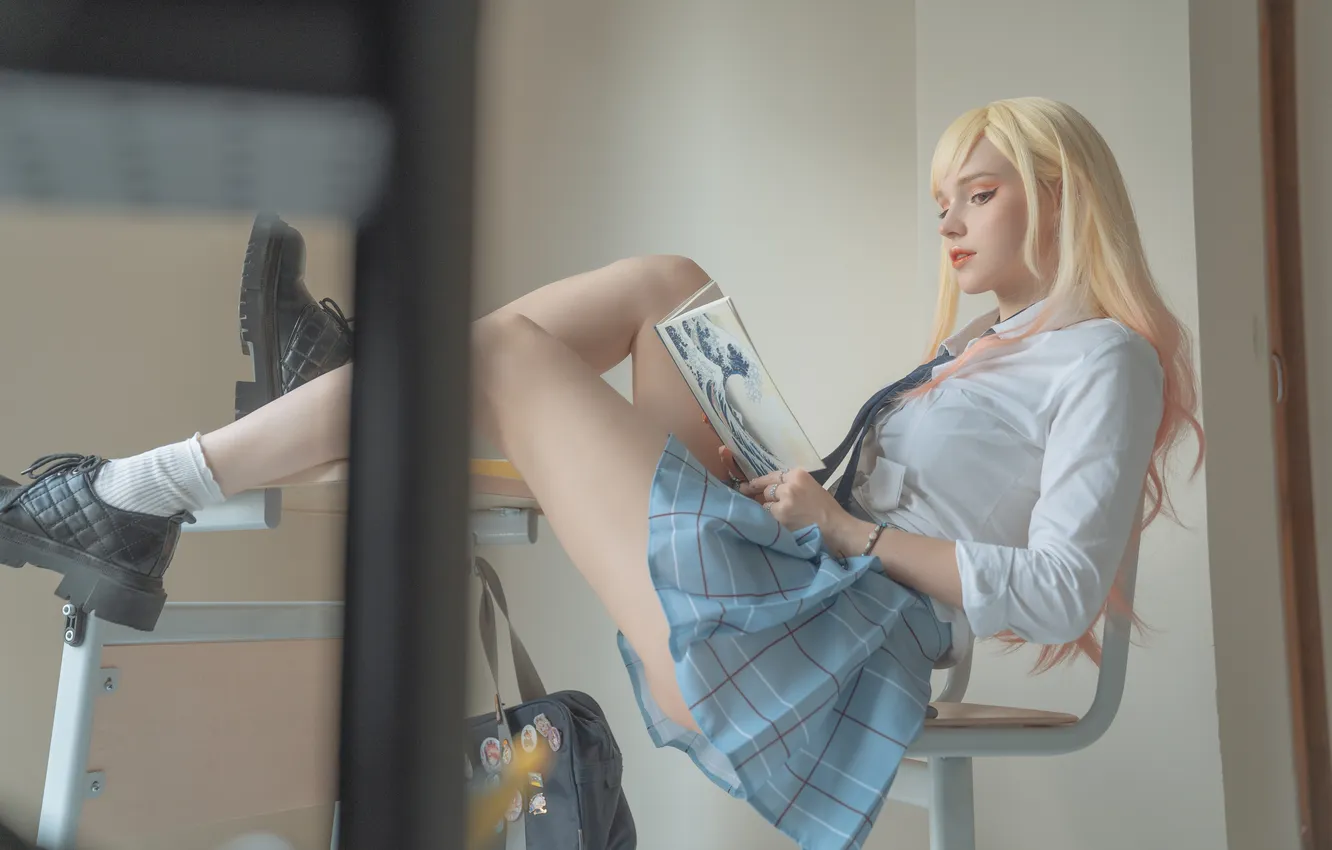 Photo wallpaper long hair, model, women, cosplay, blonde, indoors, Schoolgirl, legs up