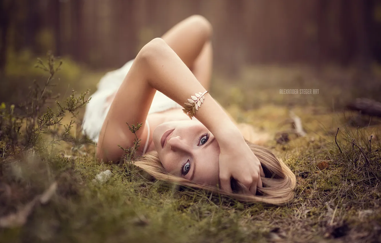 Photo wallpaper grass, look, trees, pose, Park, model, portrait, hands