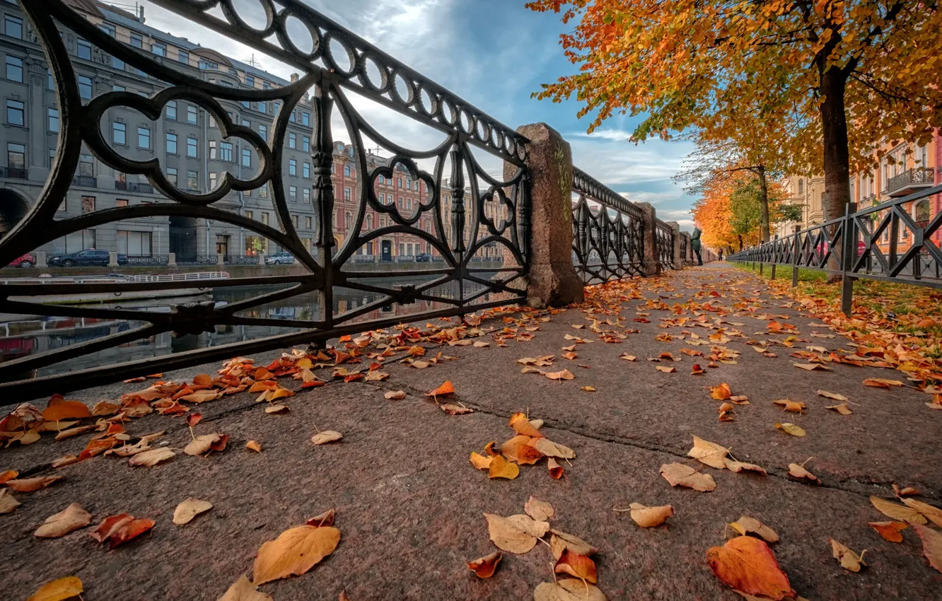 Photo wallpaper autumn, leaves, the city, river, street, home, Peter, Sink