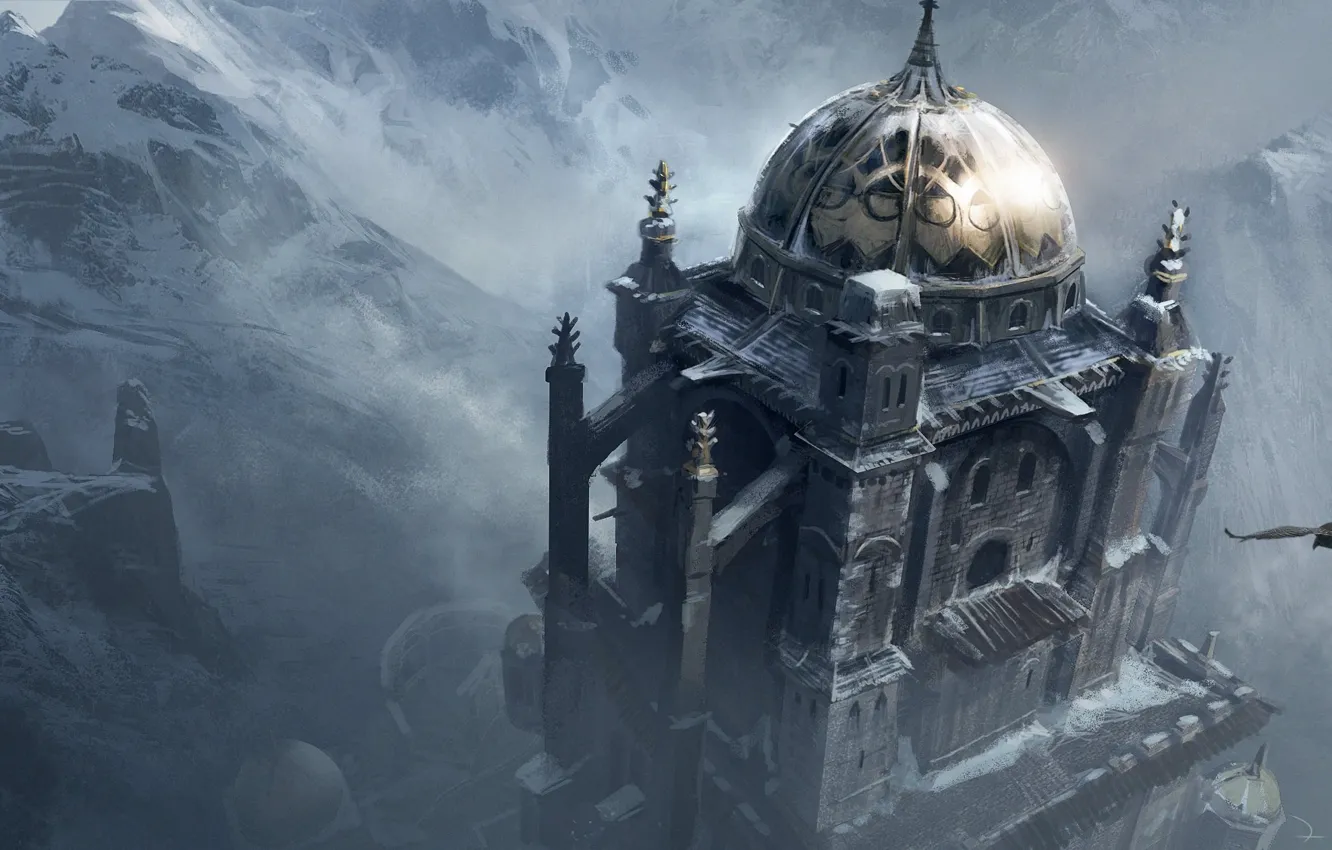 Photo wallpaper snow, mountains, eagle, fortress, Assassin's Creed, revelations, Masyaf