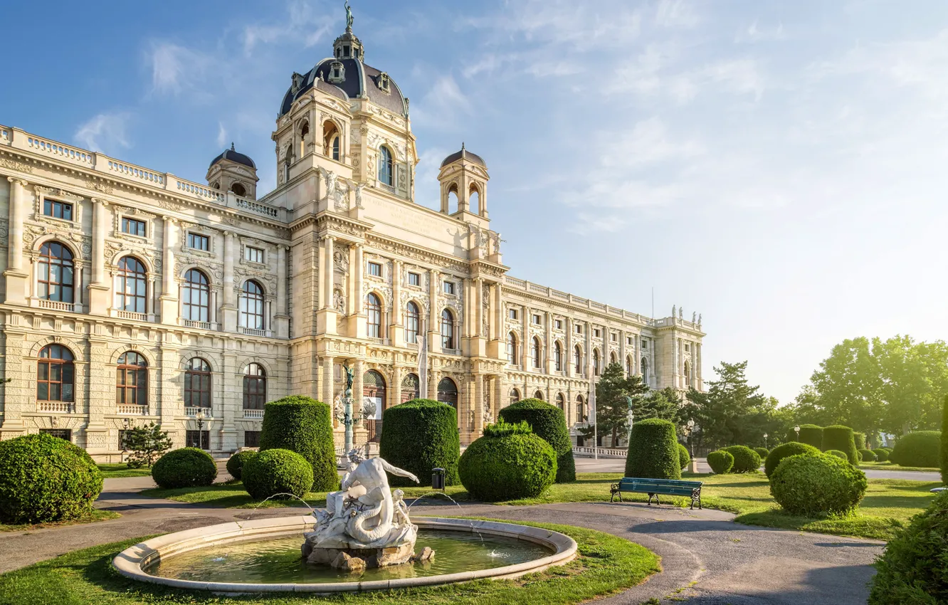 Photo wallpaper Austria, fountain, the bushes, Palace, Vienna, Museum of natural history, Triton and the Naiads