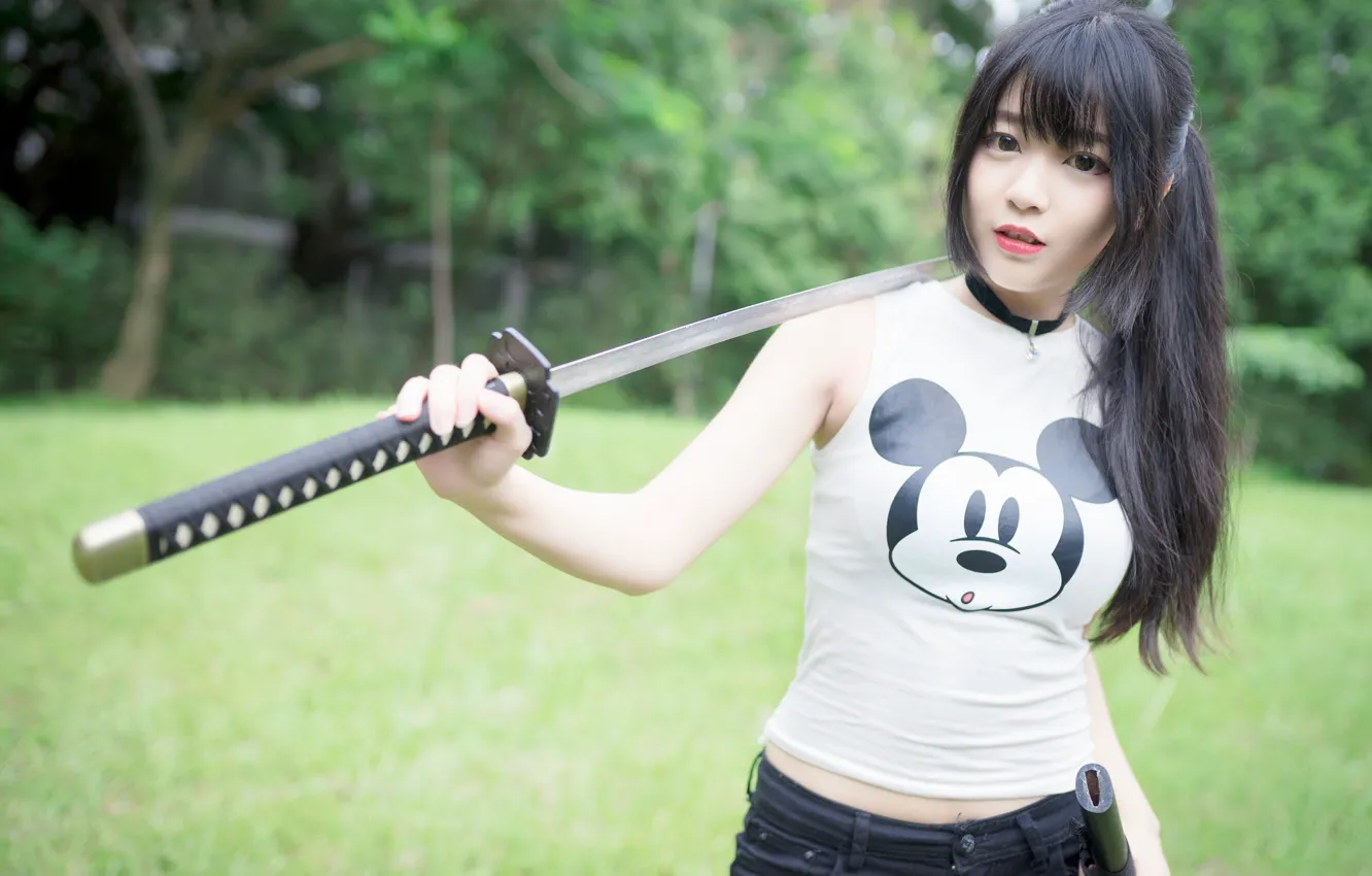 Photo wallpaper look, girl, sword, Asian, cutie