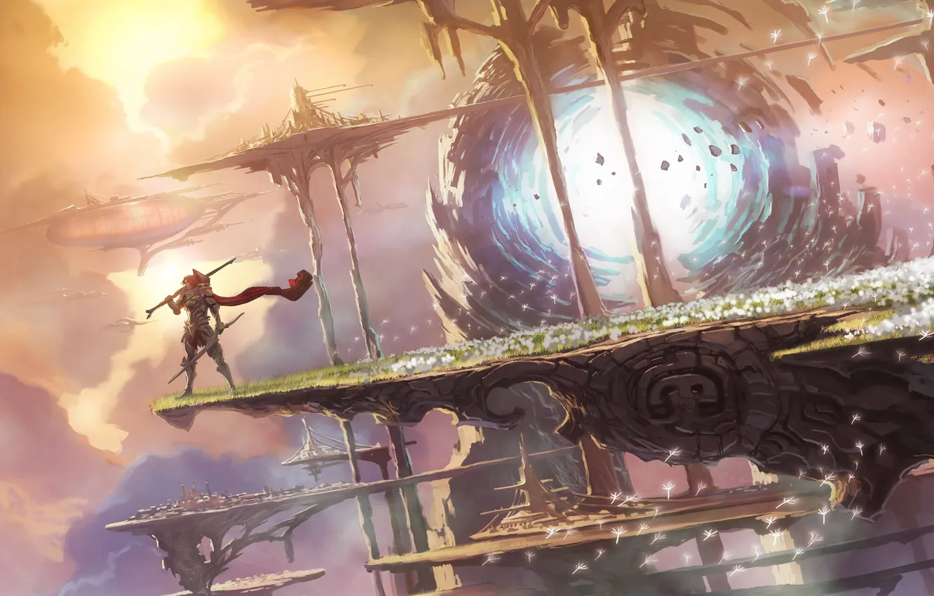 Photo wallpaper the city, stones, weapons, dandelion, people, island, the portal, fluff