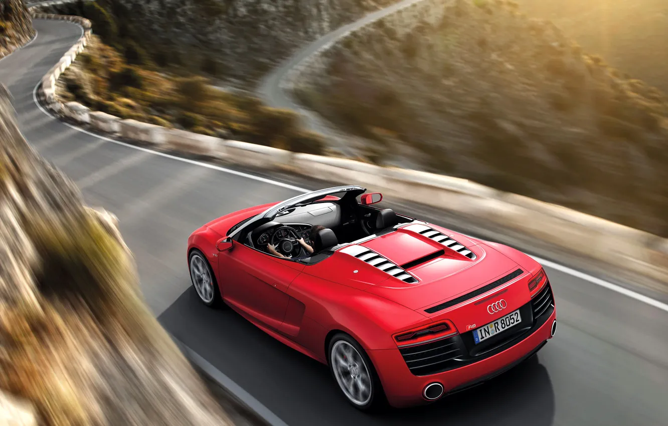 Photo wallpaper Red, Audi R8, Mountain, Road, Cabrio, Motion