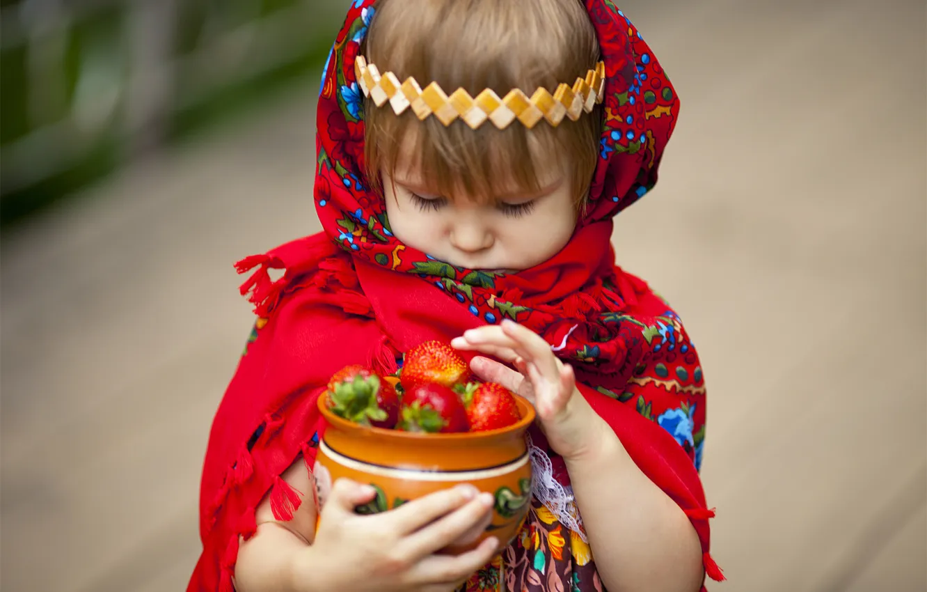 Photo wallpaper children, strawberry, girl, shawl, pot