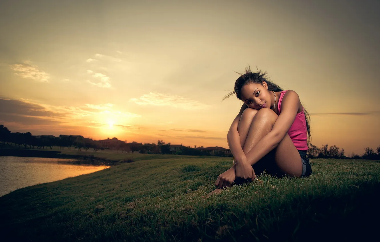 Photo wallpaper girl, sunset, nature