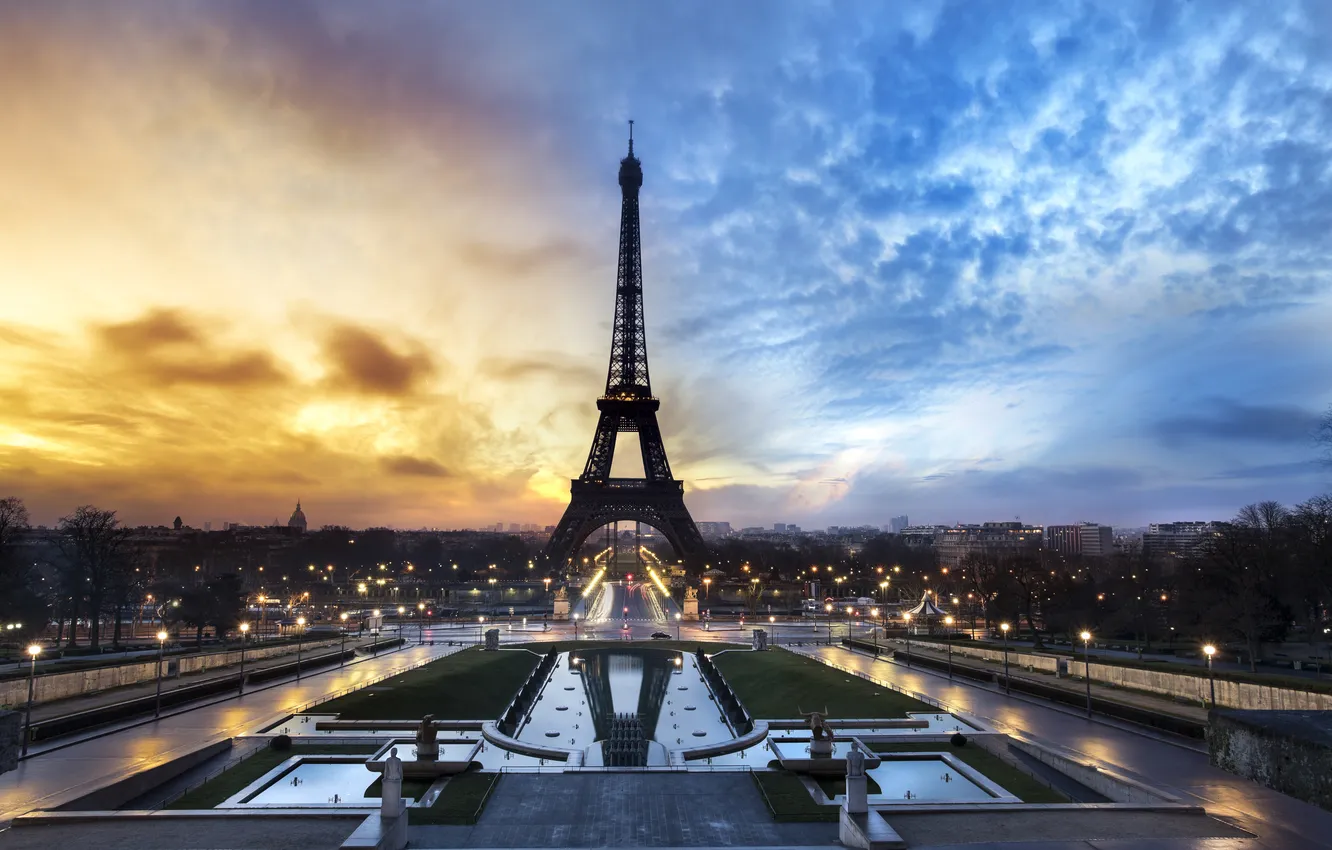 Photo wallpaper Paris, Paris, sunset, France, Champs Elysees, Eiffel Tower