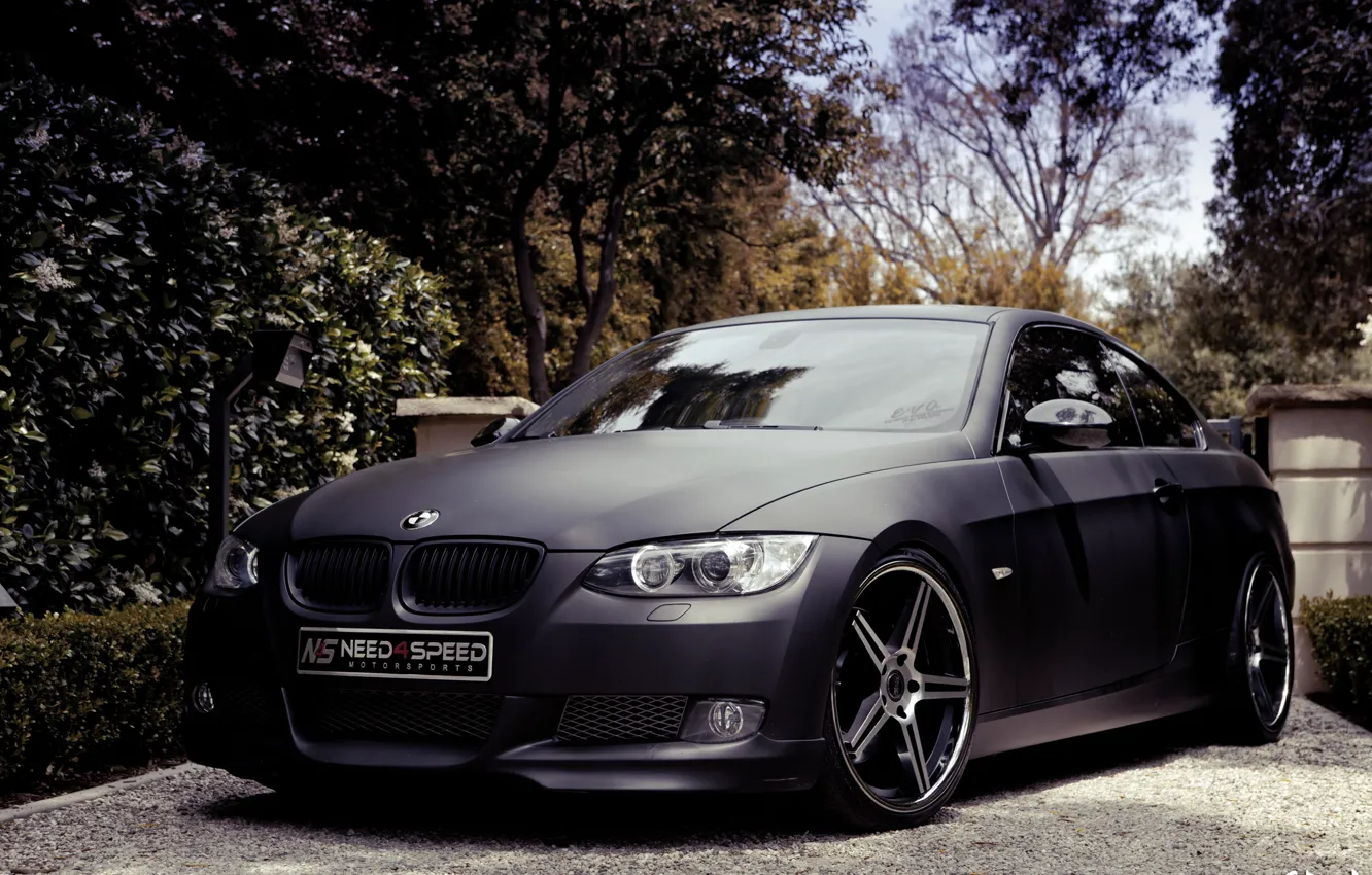 Photo wallpaper trees, black, bmw, BMW, Matt, black, 335i, e92