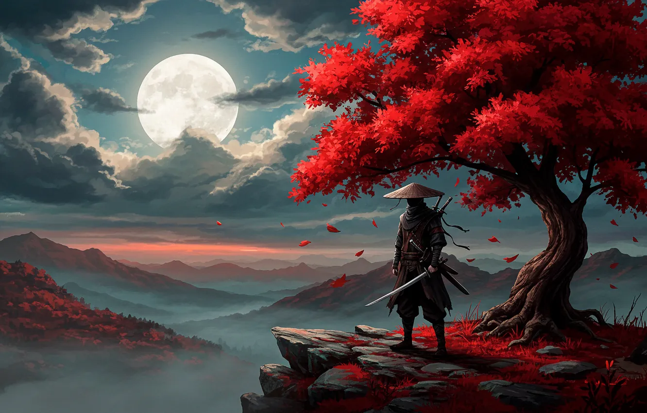 Photo wallpaper the sky, mountains, fog, tree, Wallpaper, the moon, warrior, art