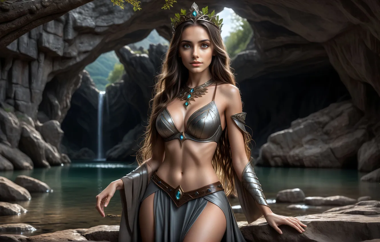 Photo wallpaper girl, waterfall, crown, virgin, mountain lake