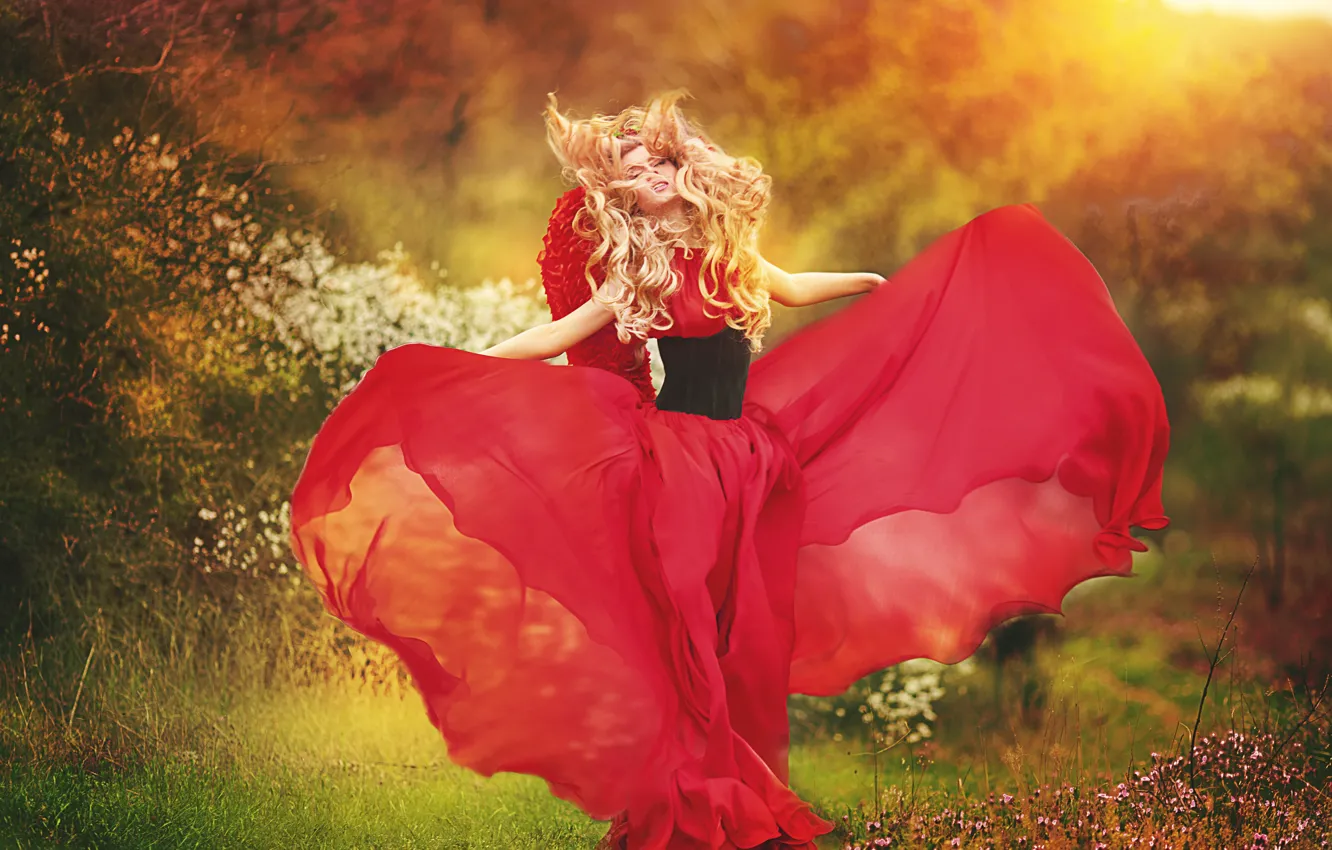 Photo wallpaper greens, girl, flowers, wings, dress, blonde