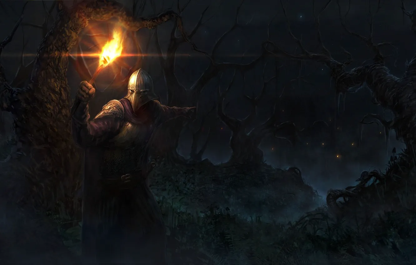 Photo wallpaper forest, trees, night, fire, people, armor, mask, fantasy