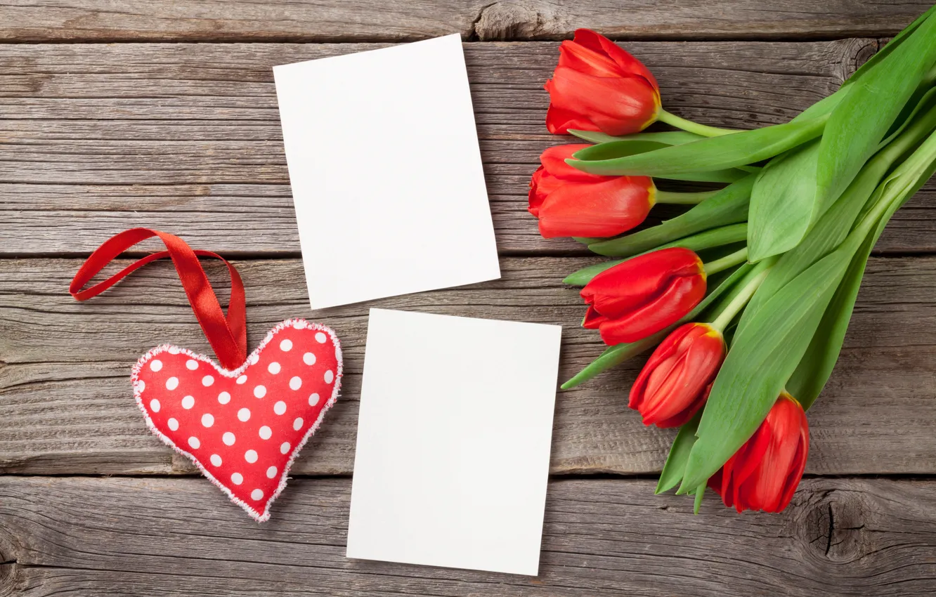 Photo wallpaper love, flowers, bouquet, hearts, tulips, red, love, wood