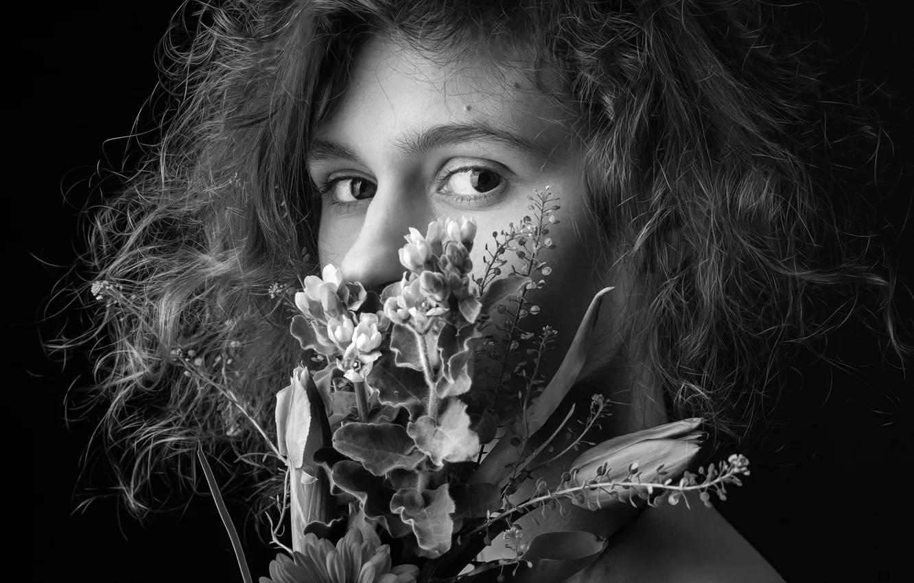 Photo wallpaper girl, flowers, portrait, Michael Shestakov, monochrom, magic black and white photo of