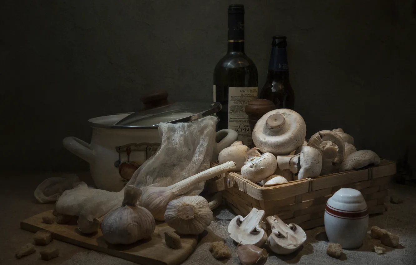 Photo wallpaper table, wine, mushrooms, bottle, pan, still life, box, slices