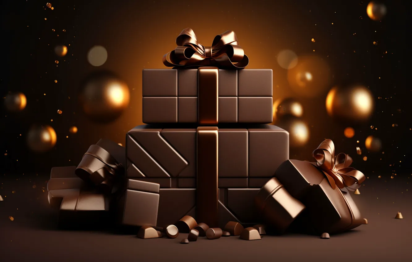 Photo wallpaper balls, the dark background, gift, new year, chocolate, Christmas, gold, gold plated