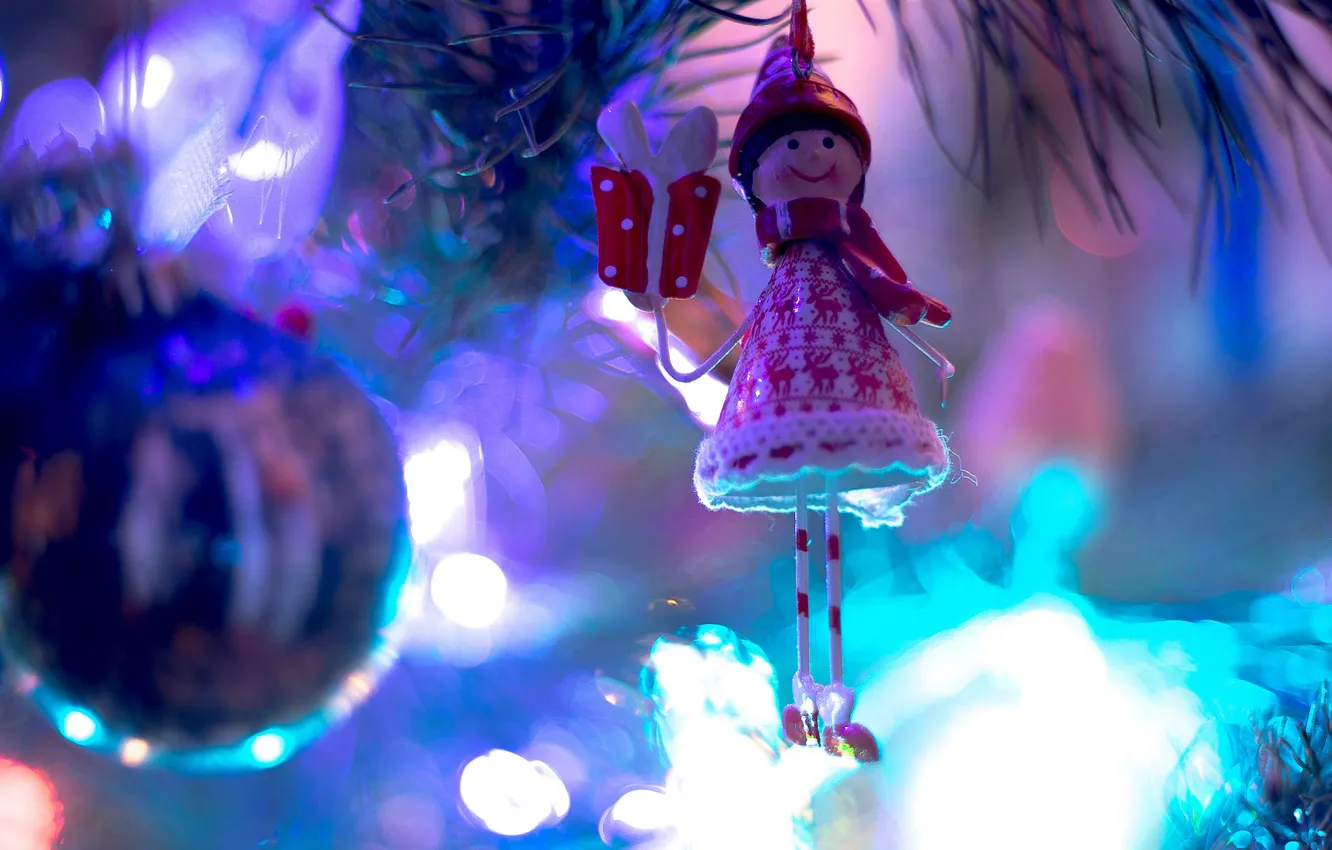Photo wallpaper light, branches, gift, new year, blur, Christmas, girl, needles