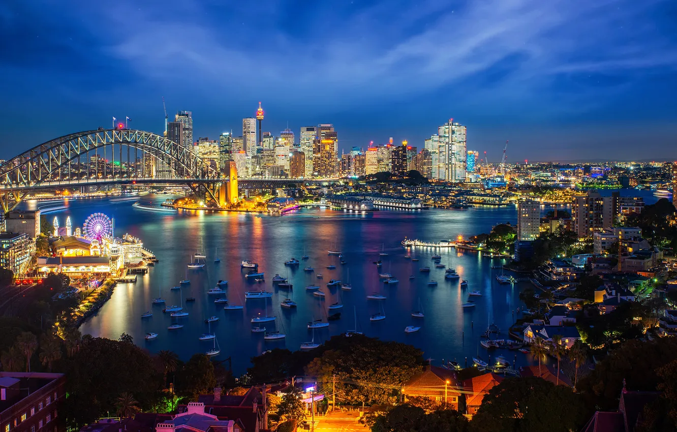 Photo wallpaper light, bridge, the city, skyscrapers, the evening, Australia, Sydney