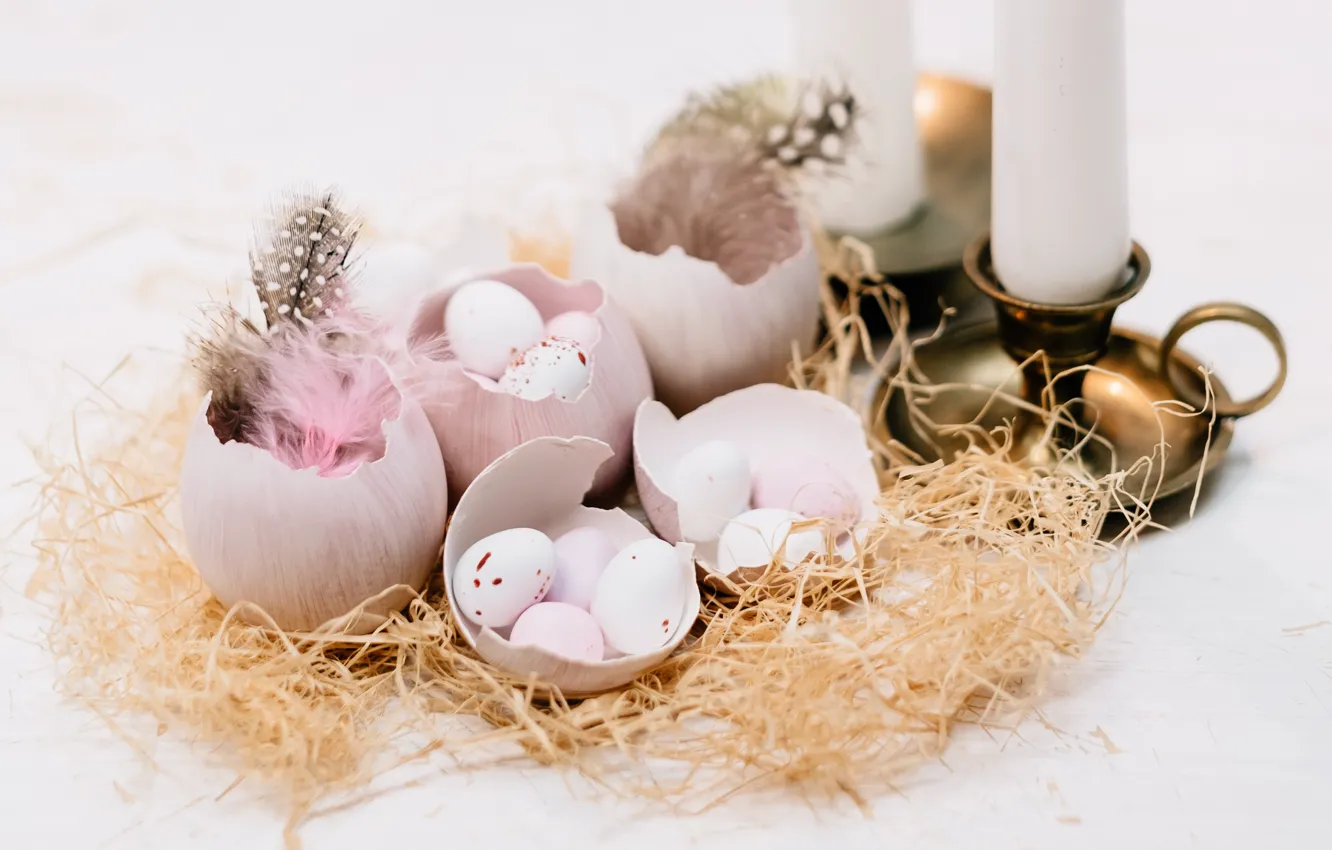 Photo wallpaper eggs, candles, feathers, shell, candle holder