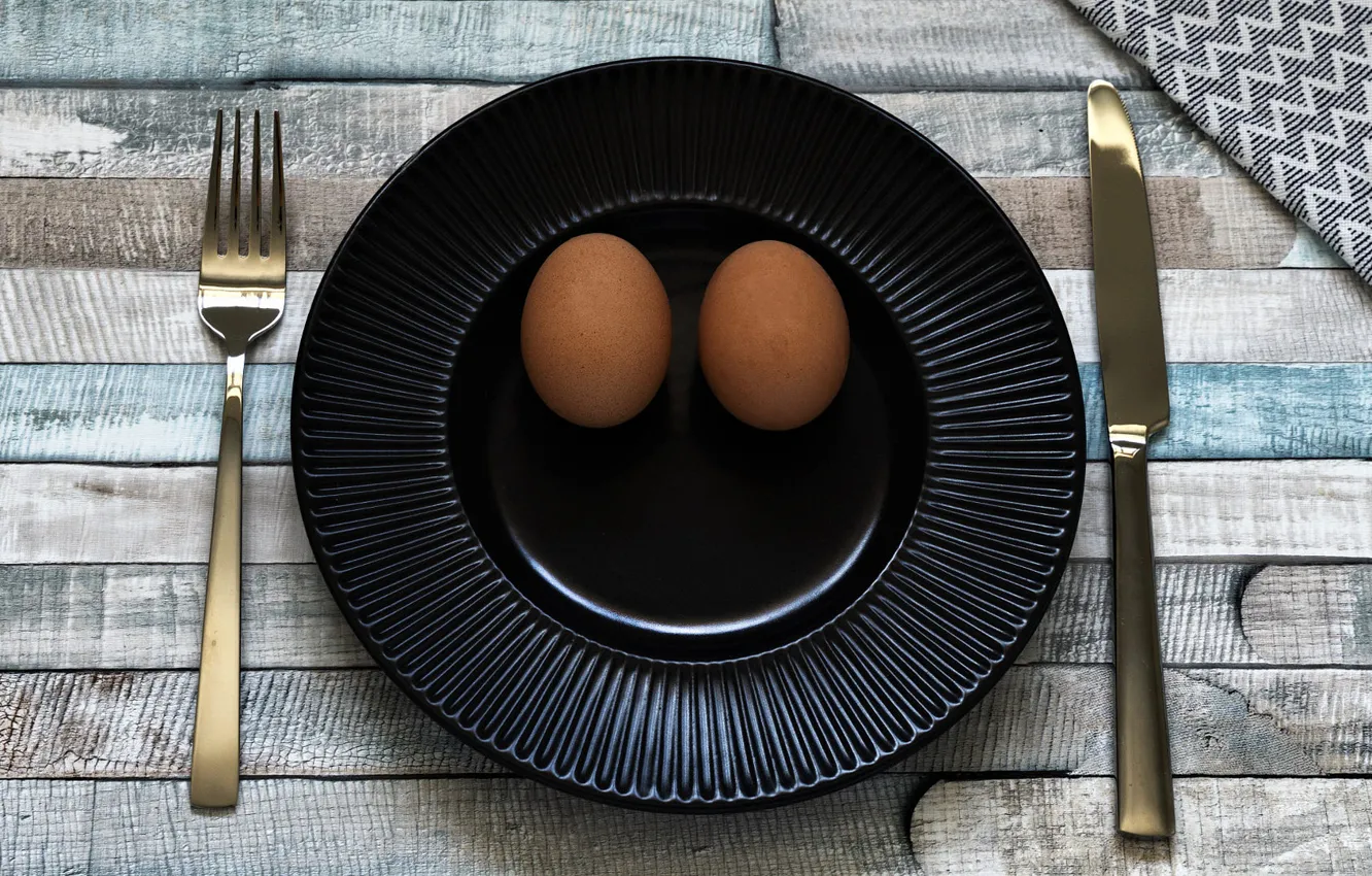 Photo wallpaper smile, table, Board, eggs, plate, knife, black, plug