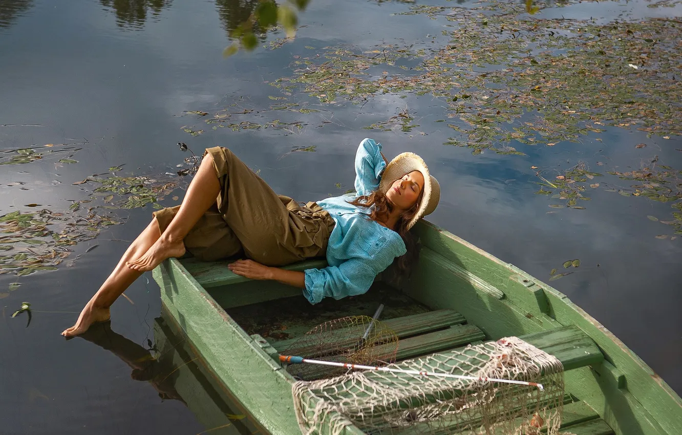 Photo wallpaper boat, reflection, girl, Tatyana Shepeleva, river