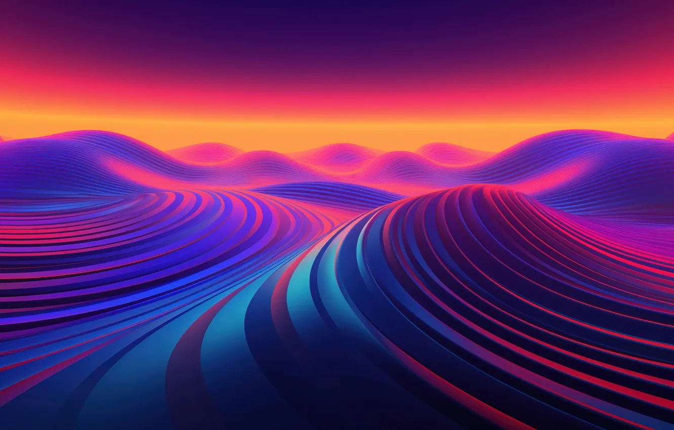 Photo wallpaper bright colors, abstraction, hills, glow, horizon, 3 D graphics