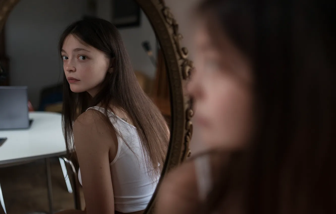 Photo wallpaper look, pose, reflection, model, portrait, makeup, Mike, mirror