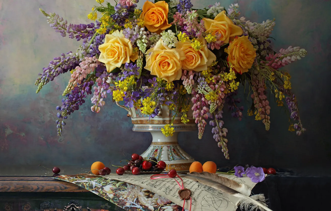 Photo wallpaper letter, cherry, style, pen, roses, bouquet, vase, still life